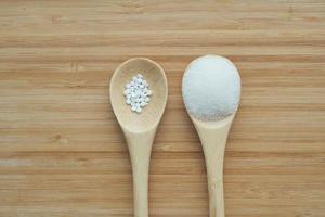 comparing Sugar Substitute sweetener and raw sugar on a wooden spoon photo