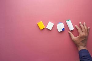 top view of artificial sweetener container on table photo