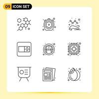 Pack of 9 Modern Outlines Signs and Symbols for Web Print Media such as speed internet analytics gauge select box Editable Vector Design Elements