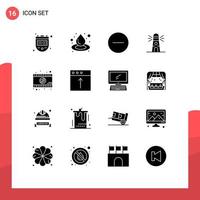 User Interface Pack of 16 Basic Solid Glyphs of video player romantic movie media house building Editable Vector Design Elements