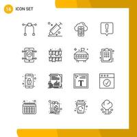 Mobile Interface Outline Set of 16 Pictograms of development mobile cloud exclamation mark chat error Editable Vector Design Elements