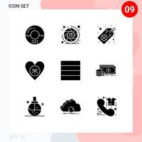 Set of 9 Vector Solid Glyphs on Grid for grid heart lens aperture favorite ecology Editable Vector Design Elements