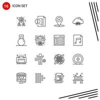 Modern Set of 16 Outlines Pictograph of fitness hosting location data cloud Editable Vector Design Elements