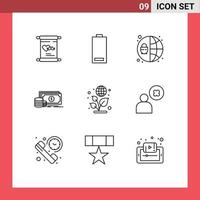 Mobile Interface Outline Set of 9 Pictograms of day money low payment finance Editable Vector Design Elements