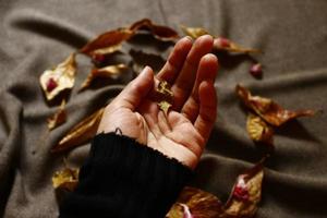 Woman Holding Dried Leaves In Hand In Karachi Pakistan 2022 photo