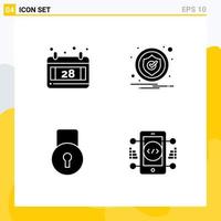 Set of 4 Commercial Solid Glyphs pack for calendar protect alert security coding Editable Vector Design Elements