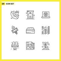 Pack of 9 Modern Outlines Signs and Symbols for Web Print Media such as rocket shuttle shower space craft video Editable Vector Design Elements