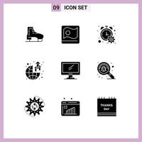 Pack of 9 creative Solid Glyphs of computer world bangla growth timer Editable Vector Design Elements