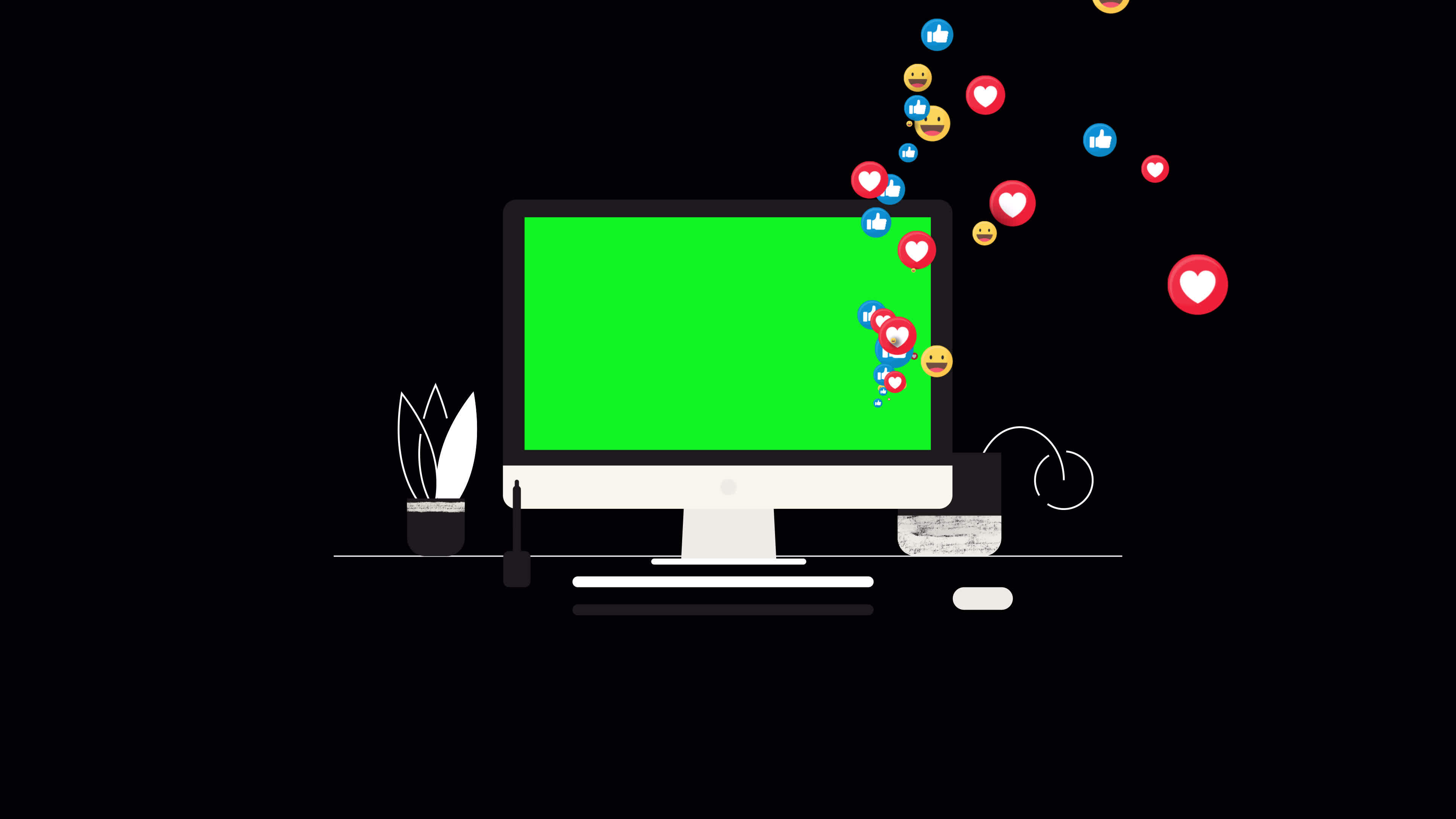 Computer animated green screen monitor with social media icon.Social ...