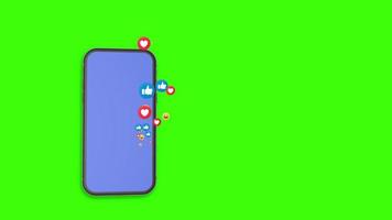 mouvement du smartphone montrant la conception avec du bleu sur l'écran avec l'icône des médias sociaux. icône des médias sociaux sur le modèle graphique de mouvement du smartphone avec écran vert video