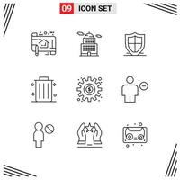 9 Universal Outlines Set for Web and Mobile Applications dollar dustbin museum business security Editable Vector Design Elements