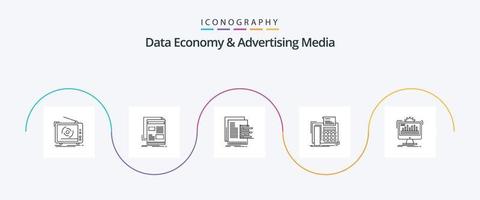 paquete de iconos de la línea 5 de economía de datos y medios publicitarios que incluye teléfono. fax. medios de comunicación. valuación. grafico vector