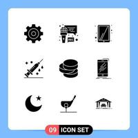 Modern Set of 9 Solid Glyphs Pictograph of device coins tablet cash syringe Editable Vector Design Elements