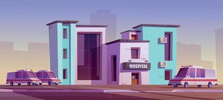 Hospital clinic building with ambulance car trucks vector
