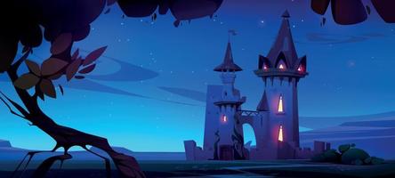 Fairy tale castle under night starry sky, cartoon