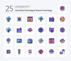 paquete de iconos llenos de 25 líneas de tecnología de datos en la nube y tecnología de red que incluye dawonlod. encontrar. expediente. búsqueda. nube vector