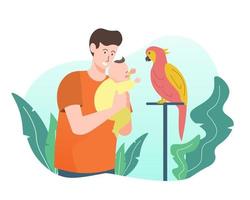 Father and his son playing with a parrot. Fatherhood concept vector