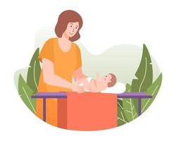 Mother changing a diaper on newborn baby. Motherhood and maternity concept vector