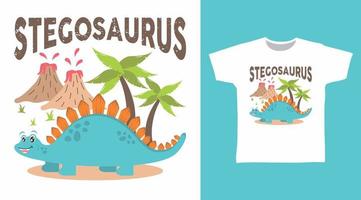 Cute stegosaurus dinosaur with tree and mountain cartoon vector illustration design