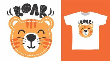 Diseño de concepto de camiseta de dibujos animados lindo rugido de tigre vector