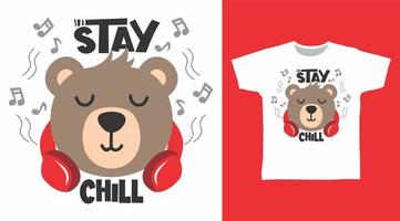 lindo oso con ilustración de vector de diseño de auriculares listo para imprimir en camiseta.