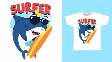 concepto de vector de diseño de camiseta de ilustración de tiburón surfista.