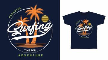 Surfing typography design vector with palms tree illustration, ready for print on t-shirt.