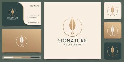 quill feather minimalist logo. inspiration signature feather premium concept with circle frame. vector