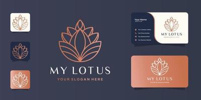 minimalist logo lotus line art beauty design template with business card. Premium vector