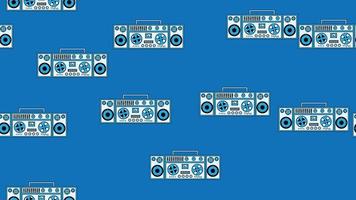 Seamless pattern endless with music audio cassette old retro tape recorders vintage hipster from 70s, 80s, 90s isolated on blue background. Vector illustration