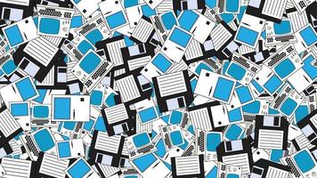 Seamless pattern endless computer with old retro computers, pc and vintage white hipster floppy disks from 70s, 80s, 90s isolated on white background. Vector illustration