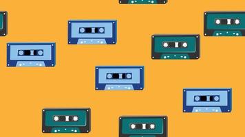 Seamless pattern endless with music audio cassettes old retro vintage hipster from 70s, 80s, 90s isolated on yellow background. Vector illustration