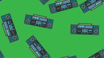 Seamless pattern endless with music audio cassette old retro tape recorders vintage hipster from 70s, 80s, 90s isolated on green background. Vector illustration