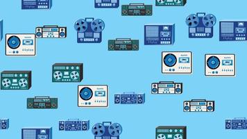 Seamless pattern endless with music audio cassette old retro tape recorders vintage hipster from 70s, 80s, 90s isolated on blue background. Vector illustration