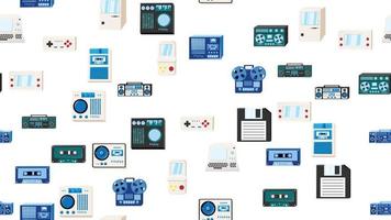 Seamless pattern endless with tech electronics equipment old retro vintage hipster from 70s, 80s, 90s isolated on white background. Vector illustration