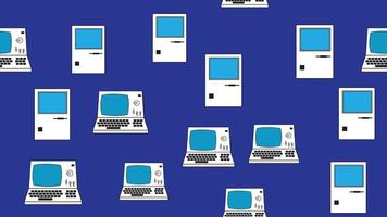 Seamless pattern endless computer with old retro computers, vintage white hipster pc from 70s, 80s, 90s isolated on blue background. Vector illustration