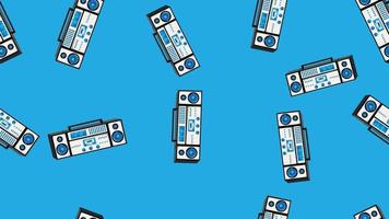 Seamless pattern endless with music audio cassette old retro tape recorders vintage hipster from 70s, 80s, 90s isolated on blue background. Vector illustration