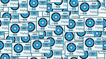 Seamless pattern endless with music audio cassette old retro tape recorders vintage hipster from 70s, 80s, 90s isolated on white background. Vector illustration