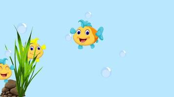 4k animiertes Aquarium mit buntem Fisch-, Gras-, Felsen- und Blaseneffekt mit blauem Hintergrund video