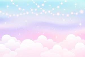 cielo nublado con guirnalda de luces. lindo fondo pastel. telón de fondo mágico y esponjoso para banner, invitación y plantilla. escena de vector de dibujos animados