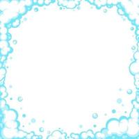 Soapy foam with bubbles. Frame of cartoon shampoo and shaving mousse foam suds. Clouds border. Vector illustration