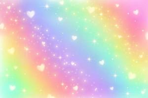 Rainbow fantasy background. Holographic illustration in pastel colors. Cute cartoon girly background. Bright multicolored sky with hearts. Vector. vector