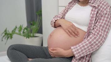 las mujeres embarazadas usan el tacto manual en el estómago durante los 7 meses de embarazo. acariciar el vientre durante el embarazo es un gesto común de los gestos para captar las reacciones del niño por nacer. concepto de embarazo. video