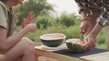 concept van ontspanning en recreatie camping Aan vakantie. jongen vriend is snijdend een watermeloen in een camping. vriendin bemoedigend haar vriendje naar bereiden fruit. video