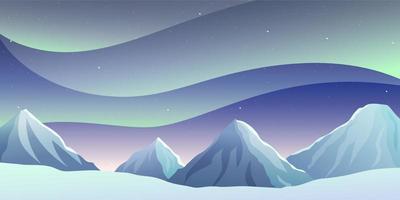 Polar lights winter landscape with mountains. Northern lights. Vector illustration