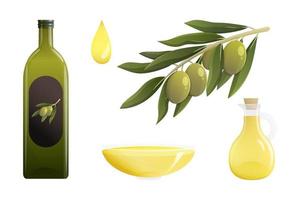 Olive oil bottle and olives set. Olive branch, oil drop, bottle of oil. Cartoon isolated vector illustration