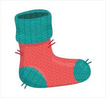 Cartoon warm sock. Children clothing element with cute Christmas pattern. Vector illustration winter holidays flat green and red colour comfortable clothes