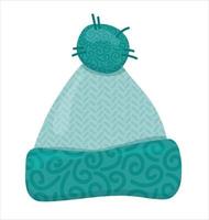 Green winter knitted woolen hat or cap with a pompom, with texture. Warm Clothing for Cold. Cartoon vector illustration. Isolated background