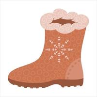 Warm boot with fur and snowflake, winter shoe. Colored cartoon clothes. Vector illustration. Single drawing isolated on white background. Element for Christmas design, print, sticker, card, decor