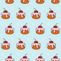 Cute Seamless pattern made of colorful hand drawn cupcake on a light blue background with a red cherry in doodle style. Design can be used for menu, background, card template or for website. vector